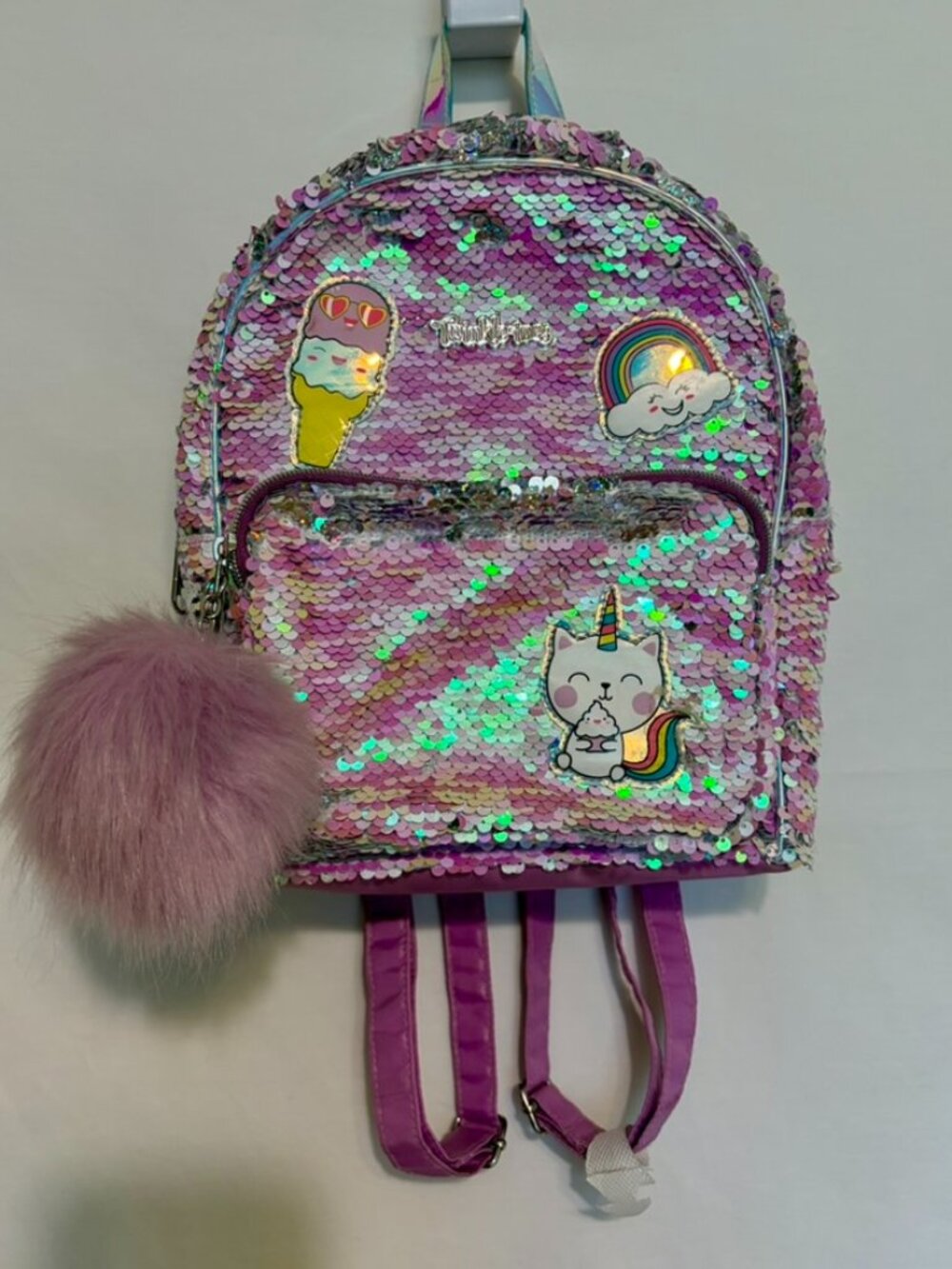 CUTE! Twinkle Toes~Girls Backpack Purple w/Sparkling Changing sequins & Charm